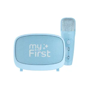 myFirst Voice 2 højttaler- og mikrofonsæt til børn i lyseblå med myFirst-branding