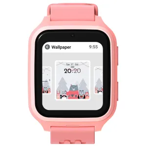 myFirst Fone M1 smartklokke for barn i rosa, sett forfra med bakgrunnsbilde og rektangulær skjerm