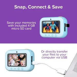 myFirst Camera Insta 20 ljusblå direktkamera-infografik som visar microSD-lagring och USB-filöverföring