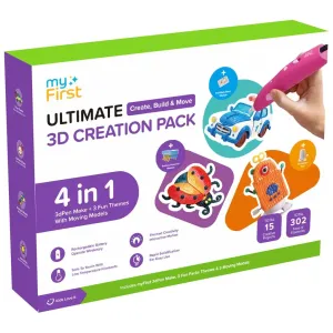 myFirst Ultimate 3D Creation Pack-eske med fargerike prosjektillustrasjoner og en rosa 3D-penn