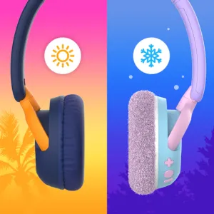 myFirst CareBuds Max virsnakšu austiņas, attēlotas ar vasaras un ziemas ausu polsteru stiliem