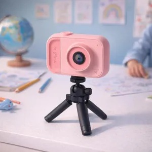 myFirst Camera 10 rosa barnkamera monterad på ett ministativ för enkel HD-fotografering