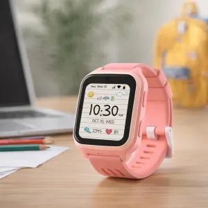 myFirst Fone M1 smartklokke for barn i Sakura-rosa med GPS-sporing og SOS-knapp på en rosa silikonreim