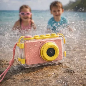 Appareil photo pour enfants myFirst Camera 2 rose dans un étui étanche à la plage avec dragonne
