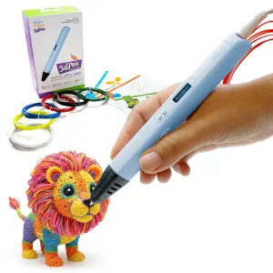 myFirst 3D Pencil Artist håndholdt 3D-penn med skjerm, knapper, kabel og fargerike filamentprøver