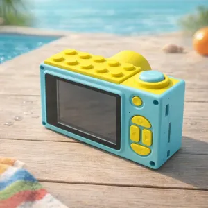 Appareil photo étanche pour enfants myFirst Camera 2 en bleu et jaune, présenté en extérieur avec écran et boutons