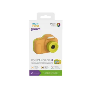 Boîte de vente au détail de l’appareil photo pour enfants myFirst Camera 3 avec appareil photo orange et jaune imprimé, 16 MP et fonctions selfie/macro