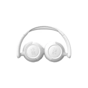 myFirst CareBuds Max bērnu virs-auss austiņas Mist White, skats no priekšpuses ar reljefotu logotipu uz baltiem ausu kausiņiem