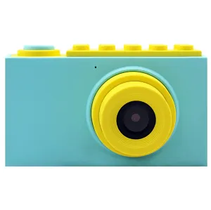 Gros plan sur myFirst kids camera 2, face avant turquoise et jaune avec un grand objectif et des boutons supérieurs