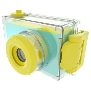 Appareil photo étanche pour enfants myFirst Camera 2 en jaune, avec boîtier transparent et objectif avant
