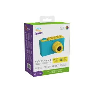 Boîte de vente de l’appareil photo pour enfants myFirst Camera 2 8 MP avec visuel d’appareil photo bleu et jaune, photos et vidéos Full HD