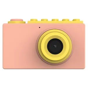 Appareil photo pour enfants myFirst Camera 2 en rose et jaune avec un grand objectif, vue de face sur fond blanc