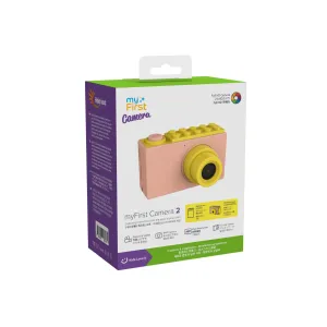 Boîte de vente au détail de l’appareil photo pour enfants myFirst Camera 2 avec 8 Mpx Full HD, étui étanche et image de l’appareil photo rose