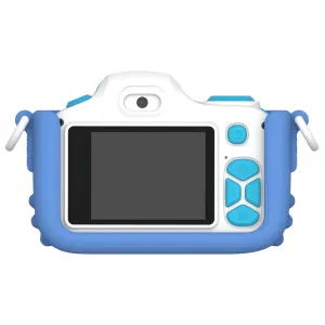 myFirst Camera 3 adaptée aux enfants en blanc et bleu, avec écran, objectif et boutons pour les photos et les vidéos
