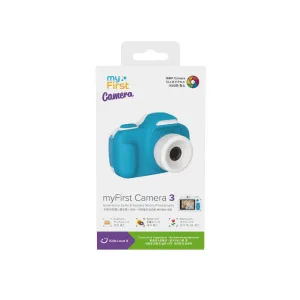 Boîte de vente au détail myFirst Camera 3 avec illustration d’un appareil photo bleu, icônes d’objectifs selfie et macro, et marquage appareil photo pour enfants 16 MP