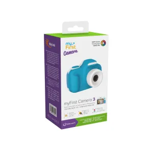 Boîte de vente au détail de l’appareil photo pour enfants myFirst Camera 3, avec image imprimée d’un appareil photo bleu, étiquette 16MP et découpe pour poignée