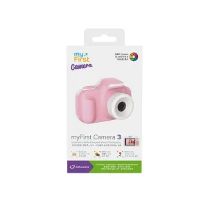 Boîte de vente au détail de l’appareil photo pour enfants myFirst Camera 3 avec illustration d’un appareil photo rose, appareil photo de 16 MP, objectifs selfie et macro