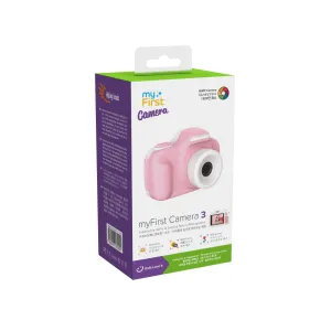 Boîte de vente myFirst Camera 3 pour appareil photo numérique pour enfants, avec l’appareil photo rose et la mention 16 MP