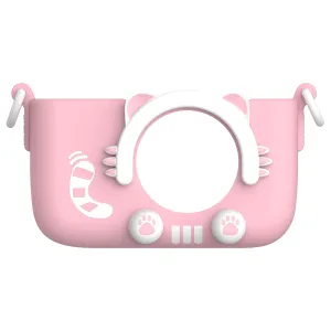 Appareil photo myFirst rose et blanc adapté aux enfants, au design à oreilles de chat, avec objectif circulaire et boutons à motif d’empreintes de pattes