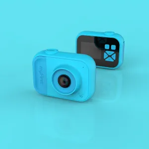 myFirst Camera 10 digitalkamera för barn i blått, visad framifrån och bakifrån med skärm, objektiv och knappar
