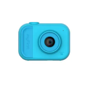 myFirst Camera 10 barnkamera i blått, framifrån med objektiv och varumärke mot vit bakgrund