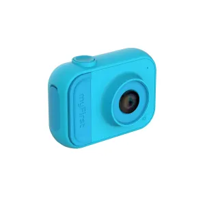 myFirst Camera 10 blå kompaktkamera för barn med objektiv och knapp på ovansidan, för HD-fotografering