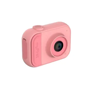 myFirst Camera 10 rosa barnkamera med rundad, kompakt kropp, objektiv och logotyp på framsidan
