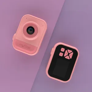 myFirst Camera 10 rosa barnkamera visad framifrån och bakifrån med objektiv, skärm och knappreglage
