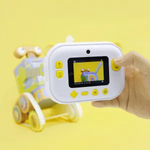 Appareil photo à impression instantanée pour enfants myFirst en bleu sarcelle avec écran avant, objectif et commandes jaunes