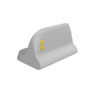 Support pour appareil photo myFirst en plastique gris avec boutons d’alimentation et de connexion sans fil jaunes sur fond noir