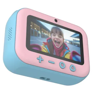 Appareil photo à impression instantanée myFirst Insta 20 pour enfants en rose et bleu, avec un écran affichant un selfie d’enfant