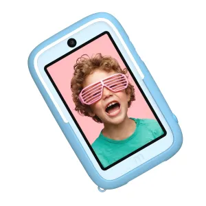 myFirst Camera 50 blå barnkamera med skärm som visar en barnselfie, rundad skyddande design