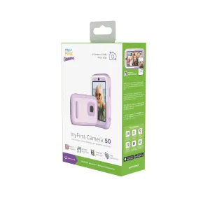 myFirst Camera 50 barnkamera, detaljhandelsförpackning i lila och vitt med produktbilder och funktionsikoner