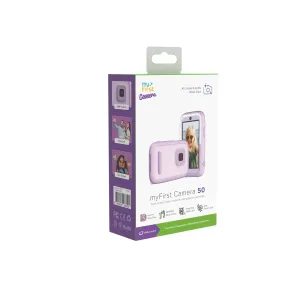 myFirst Camera 50-butikskartong i vitt och lila med produktbilder och funktionsmarkeringar för barnkameran