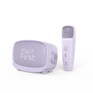 myFirst Voice 2 bærbar karaokehøjttaler med mikrofon i pastellilla, vist som et matchende sæt