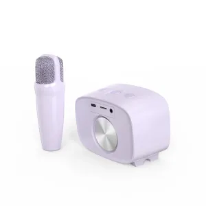 myFirst Voice 2 bærbar karaokehøjttaler med mikrofon i lavendel, vist med USB-C-, TF- og AUX-porte