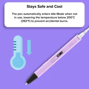 myFirst 3D Pencil Artist rosa 3D-penn-infografikk med skjerm, knapper, kabel og sikkerhetsgrafikk for inaktiv modus