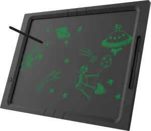 myFirst Sketch Board Pro svart ritplatta med ritpenna och gröna klotterteckningar på LCD-ritområdet