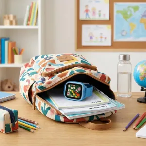 myFirst Fone M1 blå smartklokke for barn i en åpen skolesekk med fargerikt blomsterdisplay