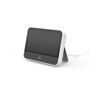myFirst Frame Clario smart familjeram med mörk skärm, vitt rundat hölje, stöd på baksidan och volymknappar på sidan