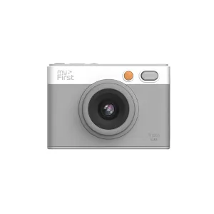 myFirst Insta Lux instant camera in gray and white with central lens, orange button and front flash window