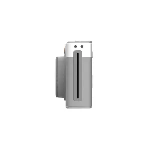 myFirst Insta Lux side view, gray and white compact instant camera and printer with protruding lens barrel