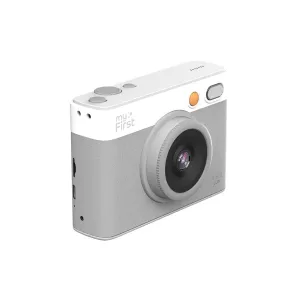myFirst Insta Lux instant camera in white and gray with front lens, orange button and top controls