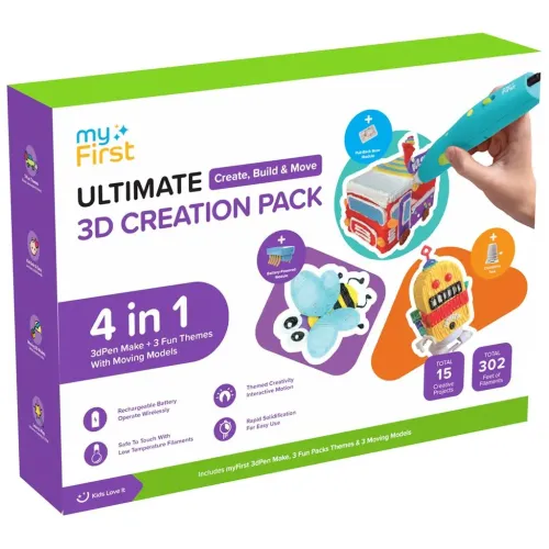 myFirst Ultimate 3D Creation Pack-emballasje for et 3D-pennesett for barn med eksempler på 3D-modeller