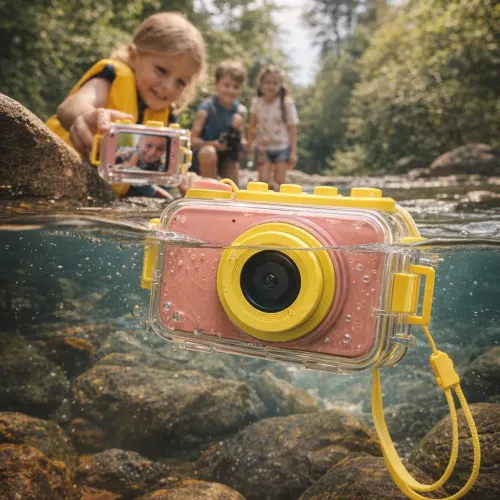 Appareil photo pour enfants myFirst Camera 2 dans un boîtier étanche transparent IPX8, rose et jaune, partiellement sous l’eau