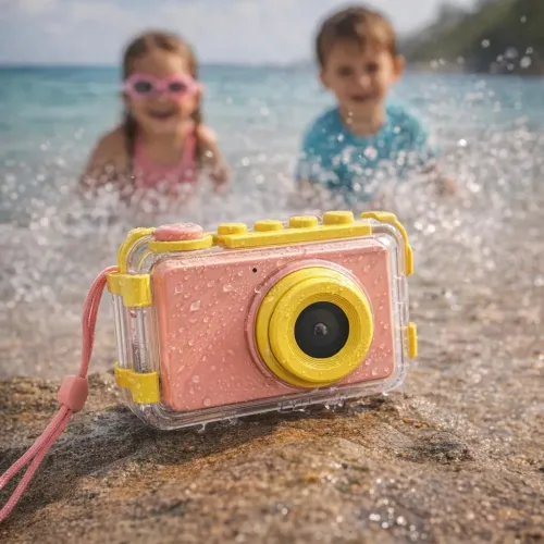 myFirst Camera 2 roosa lastekaamera veekindlas ümbrises rannas randmerihmaga