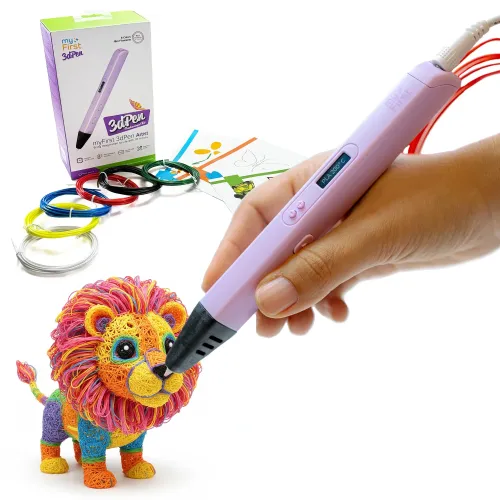 myFirst 3D Pencil Artist lilla 3D-pen med eske, fargede filamentruller og en liten 3D-printet løvefigur