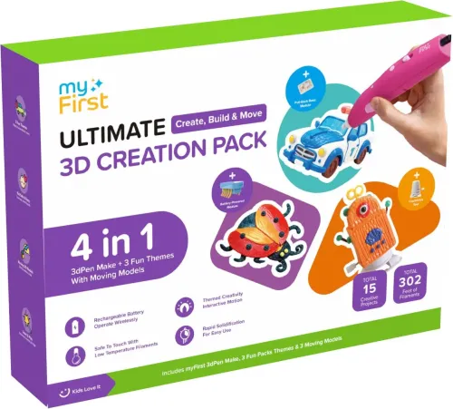 myFirst Ultimate 3D Creation Pack-eske til 3dPen Make Creator Kit, med trådløs 3D-penn og temaer med bevegelige modeller