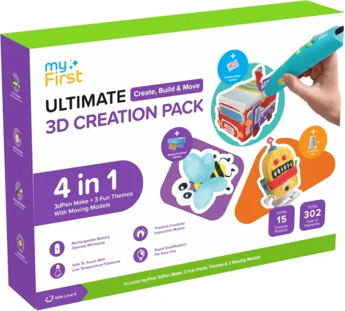 myFirst 3D-pennsett i butikkemballasje med fargerike eksempler på kreasjoner, funksjonsikoner og 3dPen Make Creator Kit-profilering