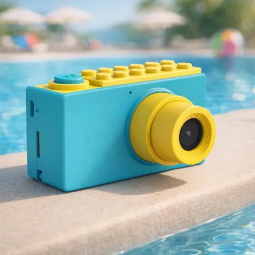 Appareil photo pour enfants myFirst Camera 2 bleu et jaune sur le rebord d’une piscine, avec boîtier étanche pour les aventures en plein air